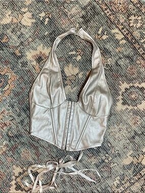 Silver Halter Corset Crop Top with Lace-Up Back
